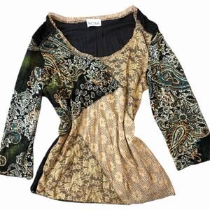 Nicola Y2K Sheer Mesh Lace Patchwork Top Womens Medium Brown Fairy Grunge whimsy